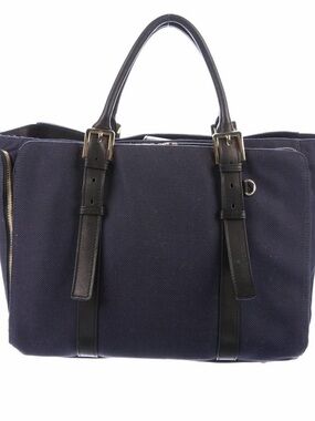 India Hicks Navy Canvas Tote with Black Leather Straps GUC